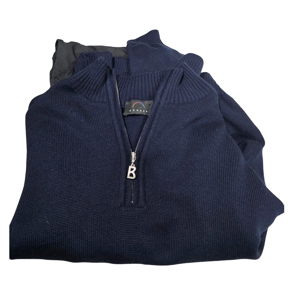 Bogner vintage Sweater Mens Large Navy Blue Excellent Virgin Wool Blend Logo